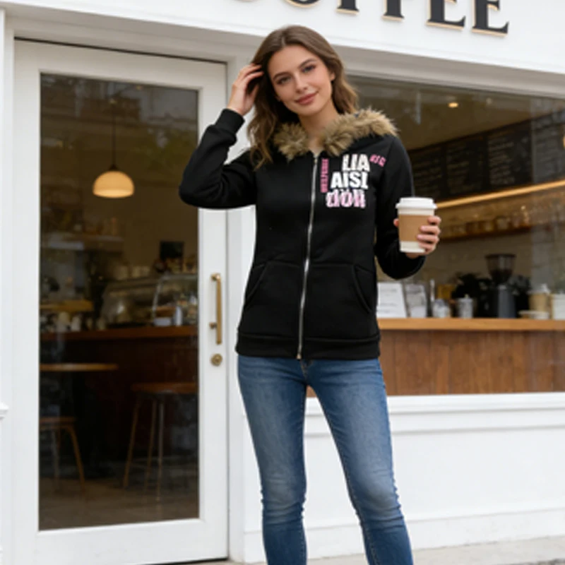 

2026 autumn and winter new American fur collar zipper hooded jacket loose hooded top loose casual fashion jacket