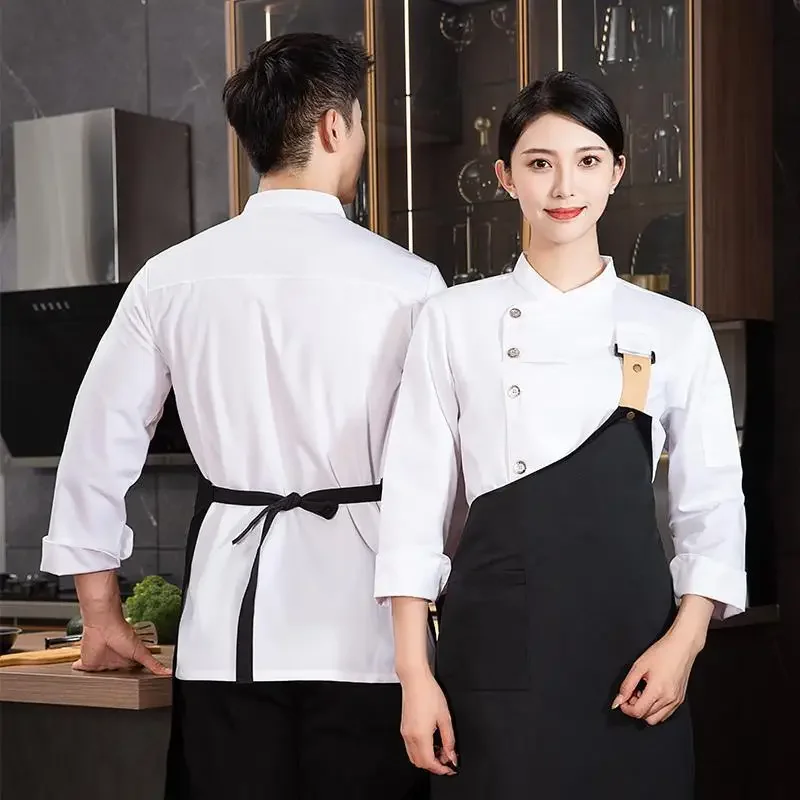 Uniforme de Chef de manga larga para hombre, chaqueta de Chef de Hotel y cocina, delantal, ropa de trabajo para panadería, Sushi, cafetería y panadero