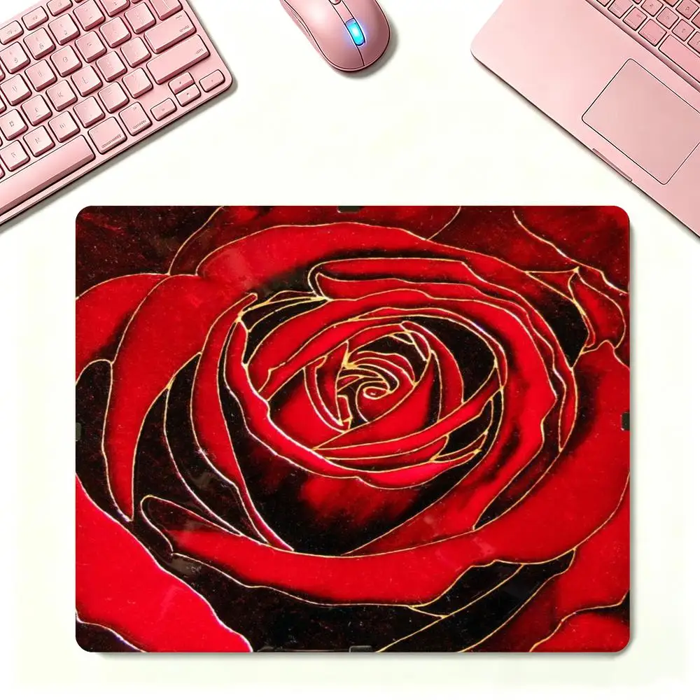Mousepad Game Card Pad Round Frame Stained Glass Red Rose Vintage Ornament Non Slip Table Mat For Laptop Games Workspace