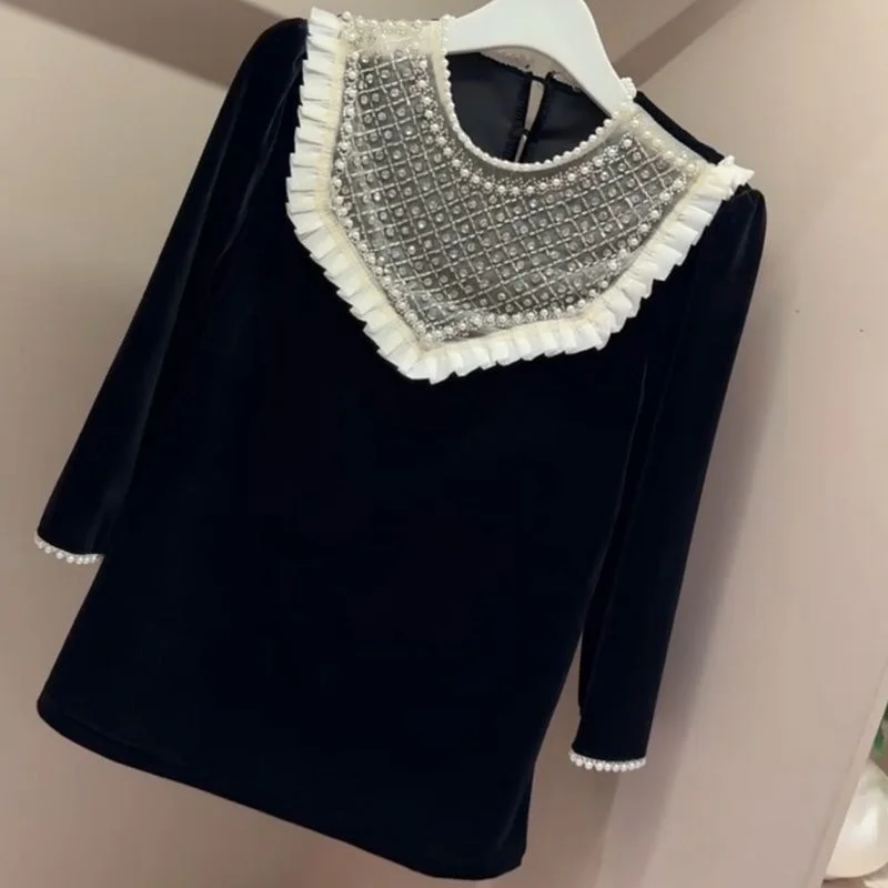 Advanced Lace Stitching Nail Beads Diamond Black Gold Velvet T Shirts WOMEN Blouse Spring Autumn New T-shirt Base Shirt Top