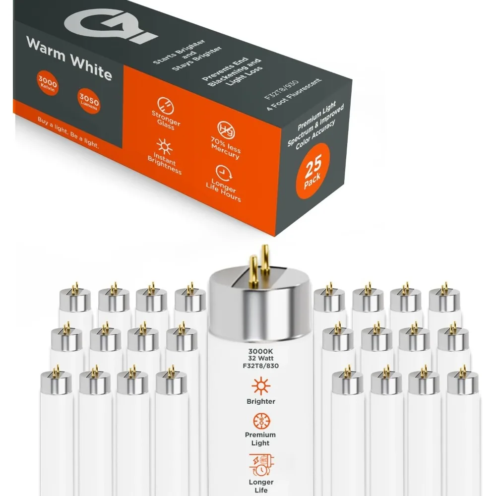 GoodBulb 32W 48 بوصة T8 لمبة الضوء الفلورسنت 3000K أبيض دافئ متوسط ثنائي الدبوس قاعدة 3050 لومينز 86 CRI 24000 ساعة حياة فورية/P