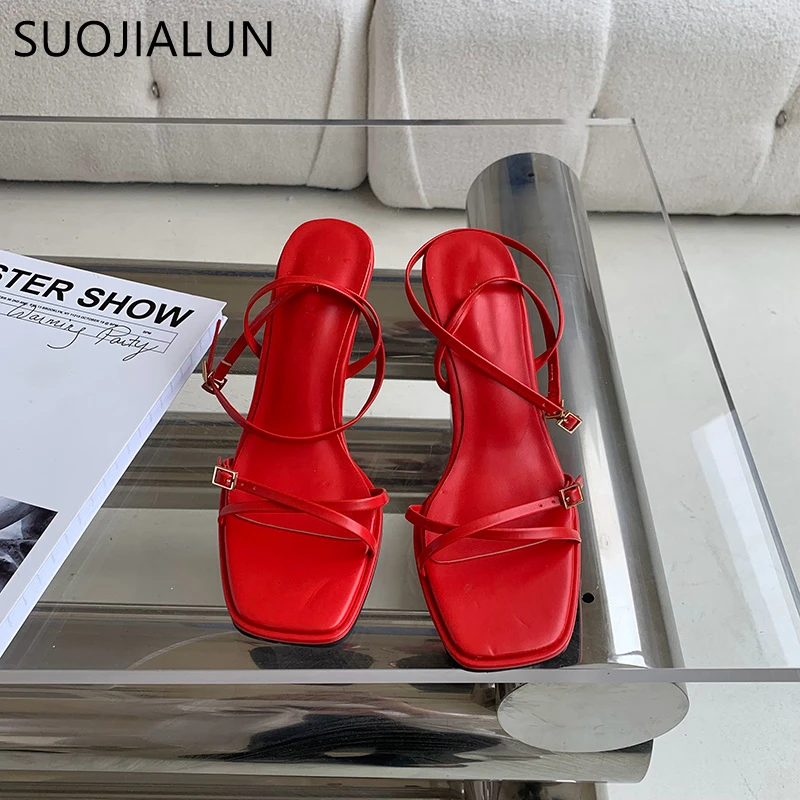 SUOJIALUN 2023 Summer New Women Sandal Shoes Fashion Red Narrow Band Ladies Elegant Gladiator Shoes Thin High Heel Dress Pumps S