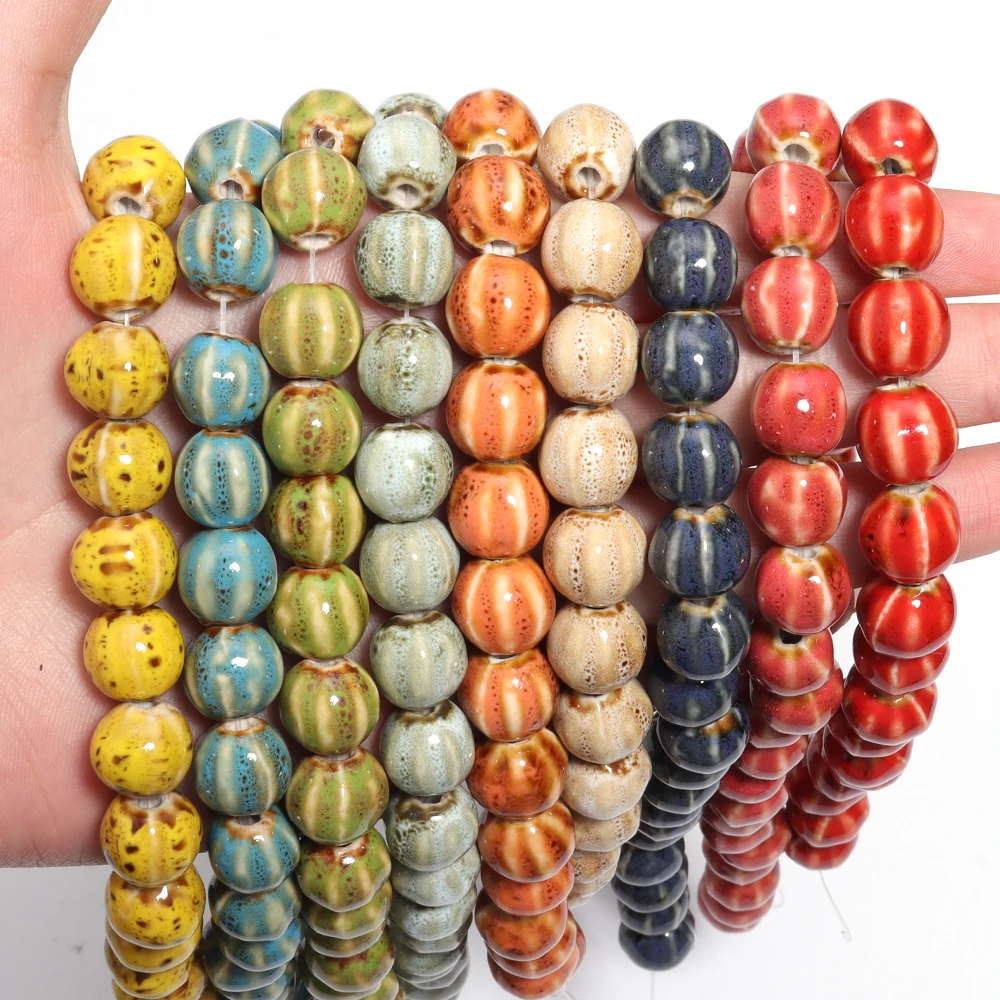 1String 11.5mm Multicolor Pumpkin Shaped Ceramic Beads Loose Striped Round Beads For DIY Charm Bracelet Jewelry Gift Accessories