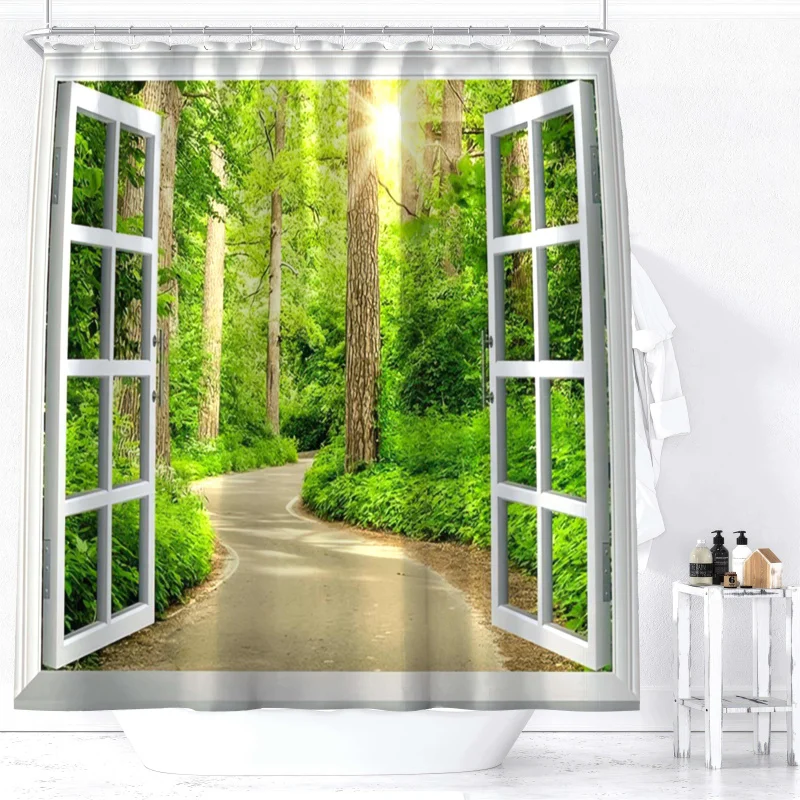 Forest Path Scenery Shower Curtain - Waterproof Polyester with Hooks, Machine Washable, All-Season Bathroom Decor by YWJHUI