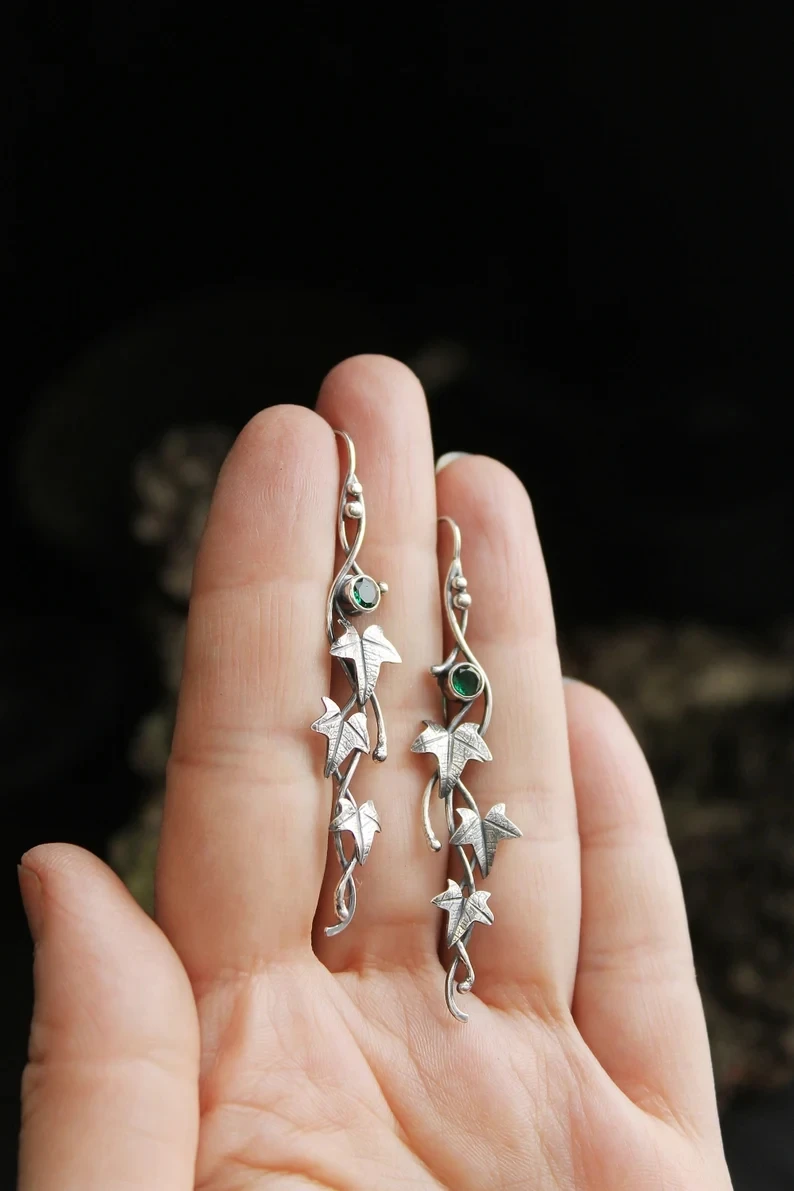 Vintage Ivy Elven Leaf Earrings For Women Silver Color Metal Crystal Earrings Female Fashion Custom Jewelry
