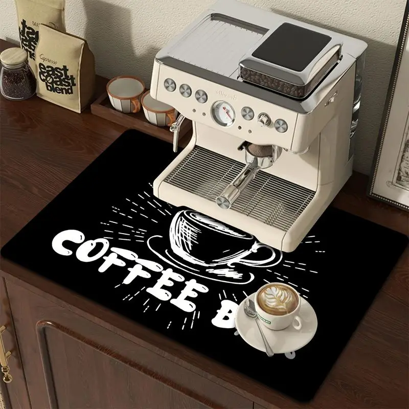 VIKAMA Chalkboard-Style Coffee Bar Drip Mat, Hand-Drawn Sketch Coffee Cup Absorbent Non-Slip Kitchen Countertop Mat, Home Decor
