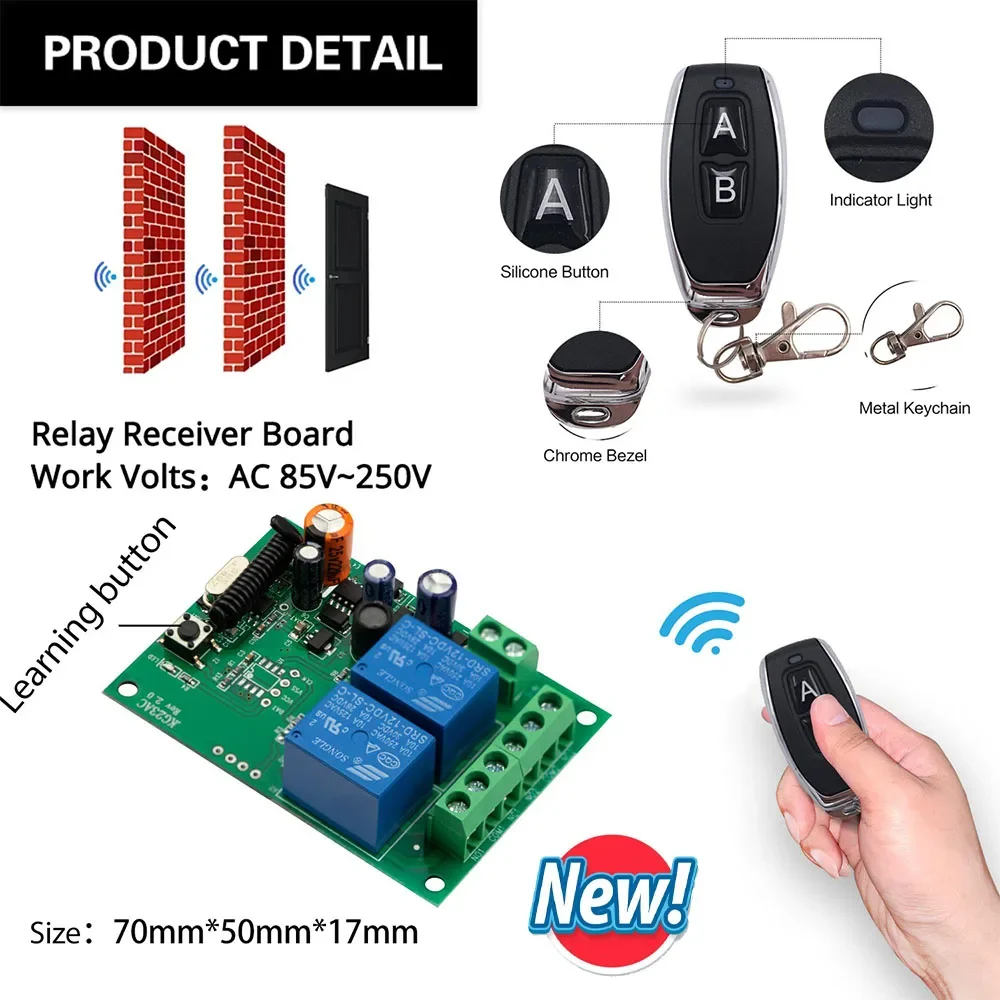 433MHz Rf Wireless Switch AC 220V 2CH Relay Receiver and 2 Button Transmitter Remote Control for Garage LED Home Appliance