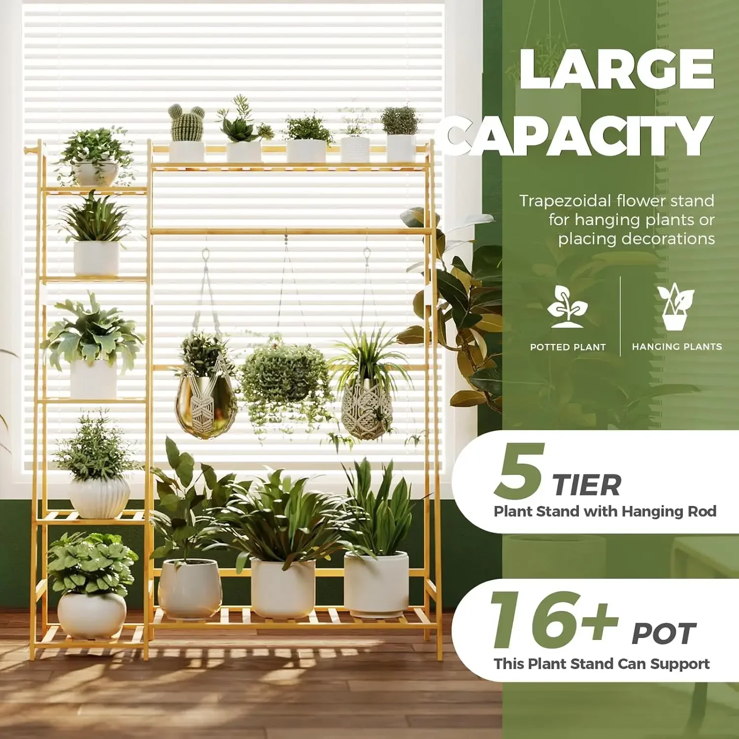 吊り下げ植物スタンド屋内、複数の植物用の竹製大型植物棚、窓ガルド用の背の高いラダーコートフラワーラック