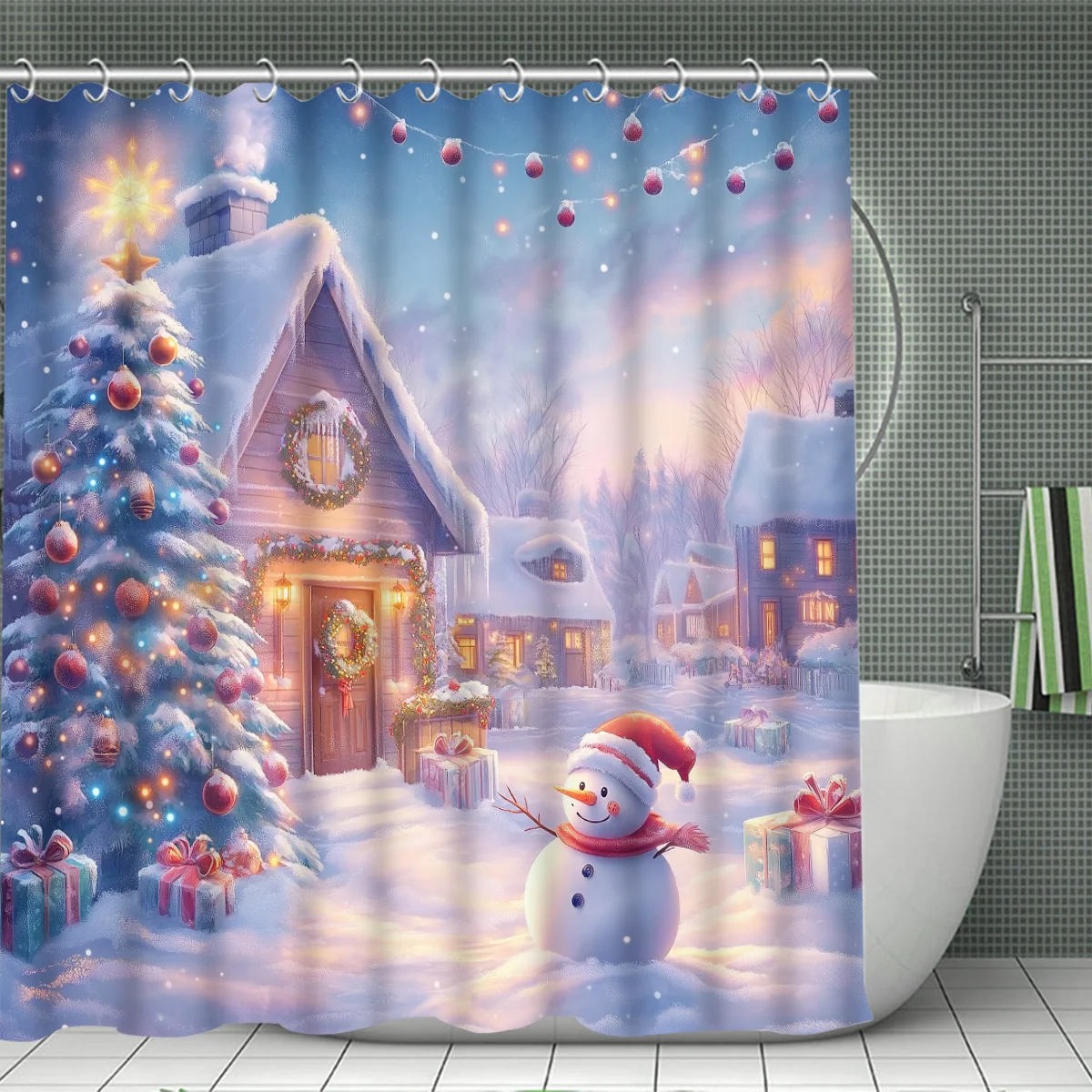 4Pcs Xmas Snowman Bath Set, Snowflakes Lights Trees, Colorful Curtain, Non-Slip Mat, U-Shaped Cover, Seat Pad, 12 Hooks Included