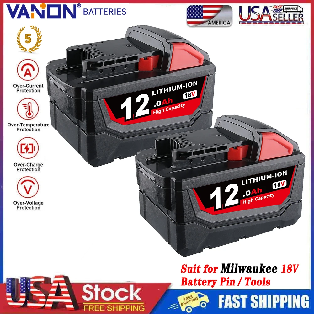 

VANON 2 упаковки M18 18 В 12,0 Ач литий-ионный аккумулятор, замена для Milwaukee 18 В 48-11-1880 48-11-1811 48-11-1815 48-11-1820 штифт аккумулятора