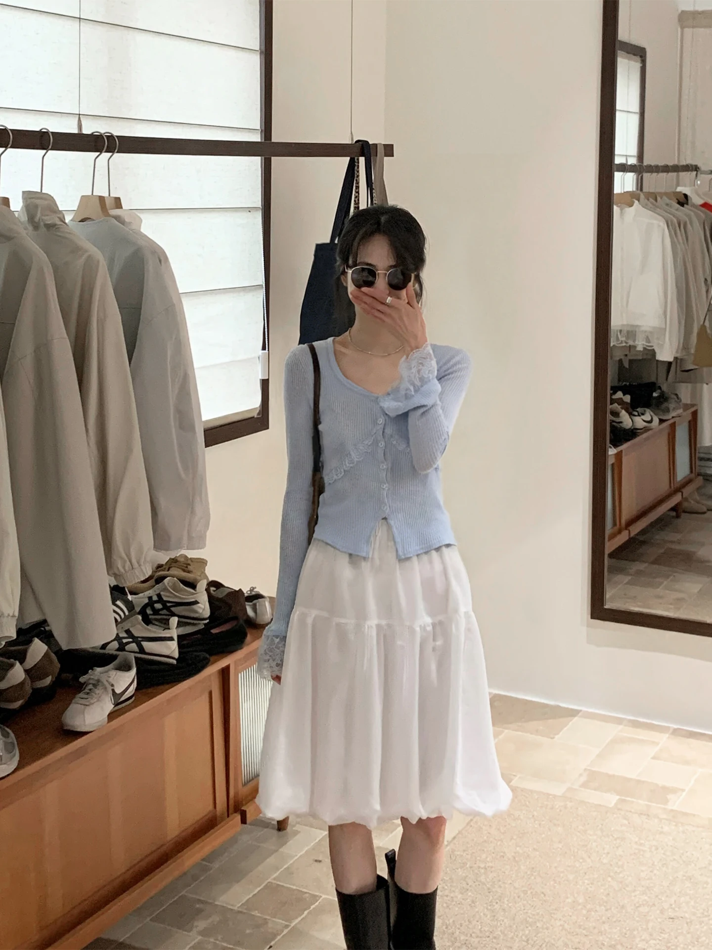 

Blue V-Neck Lace Splice Slim Fit Knitted Top Women's Summer New Light Maturity StyleBRIVIN Korean Style Fashionable Shirt
