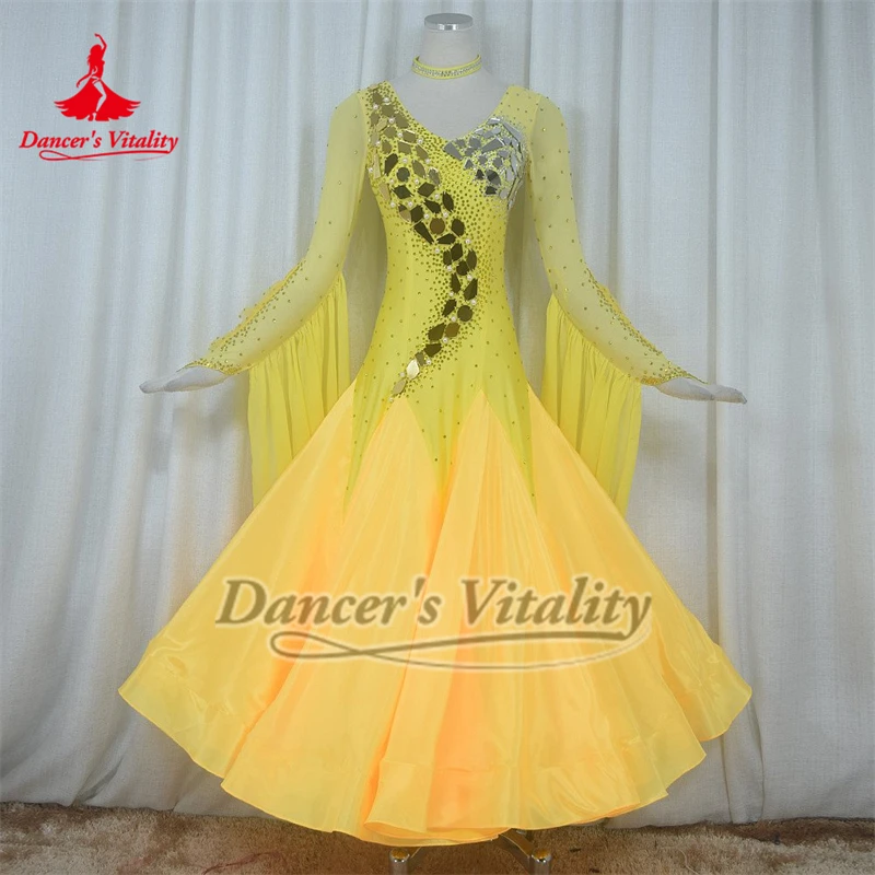 Yellow Sequins Social Dance Pearl Silk Fabrics Perform Dresses Female Adult Waltz Long Sleeves Contest Clothe Advanced Customize