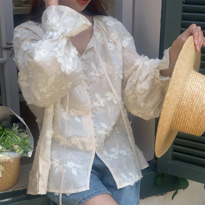 Elegant V Neck Flare Sleeve Embroidered Flowers Blouse Women Loose Casual Vintage Spring Summer Shirt Korean Chic Sweet Blusas