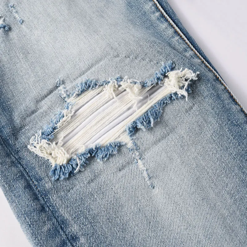 Street Designer Fashion Men Jeans High Quality Retro Blue Stretch Slim Ripped Jeans Men White Patched Brand Hip Hop Denim Pants