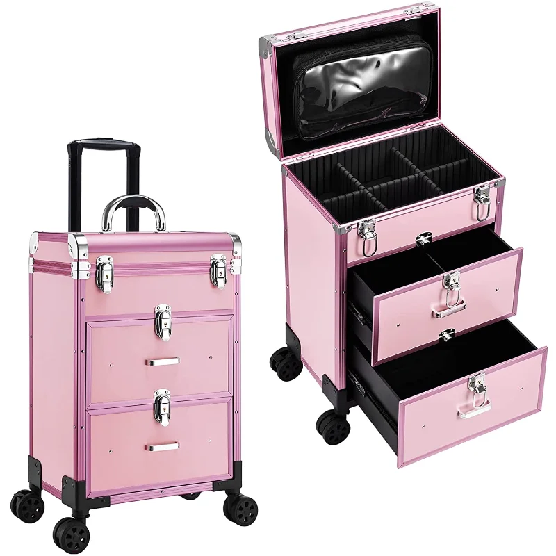 Professional Rolling Makeup Train Case with Drawers, Large Cosmetic Trolley with Locks, Cosmetics Storage Organizer Make up Case