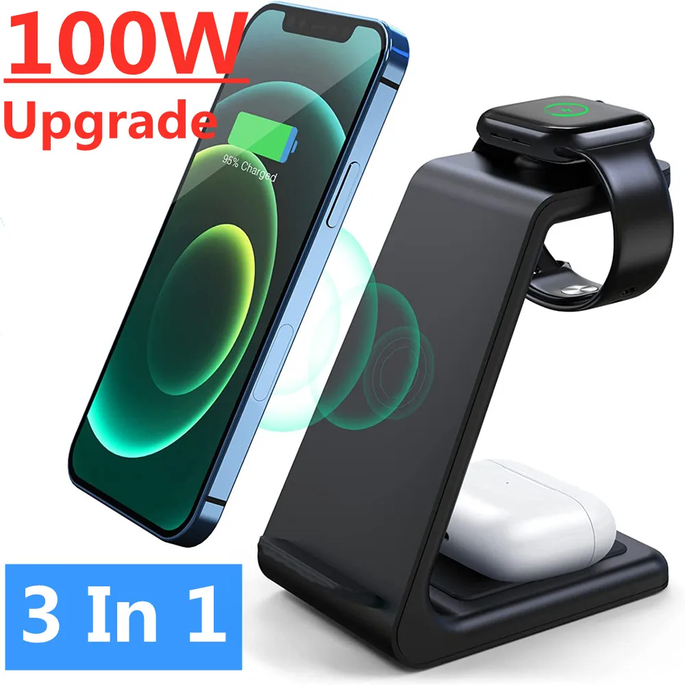 100W 3 in 1 Wireless Charger Stand Fast Charging Dock Station for iPhone 14 13 12 11 X 8 Apple Watch 8 7 6 iWatch Airpods Pro