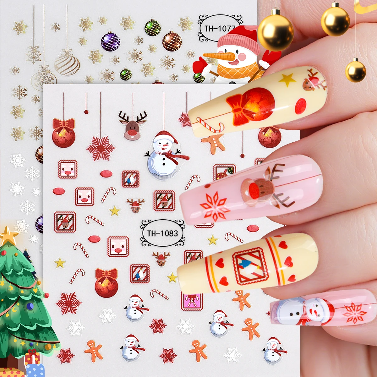 2 pçs natal arte do prego adesivo 3d floco de neve boneco de neve elk bola colorida auto-adesivo decalques de unhas para diy manicure decoração
