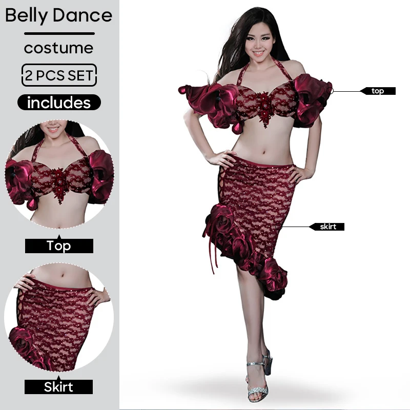 

Belly Dance Winter Sexy Lace Costume For Adult Women Top and Skirt 2 Pcs Set Practice Clothes Wear Outfit For Stage Performance