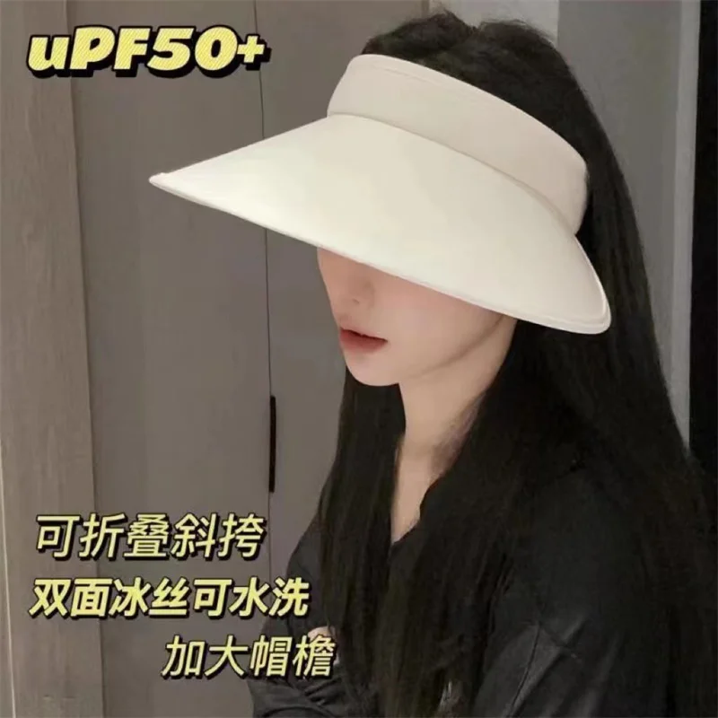 Topi matahari atas kosong wanita, dengan perlindungan UV di musim panas diperbesar tepi topi bersepeda hitam es sutra topi matahari