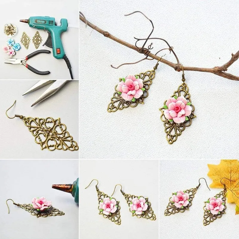 40pcs Filigree Connectors 3 Color Rhombus Flower Charms Hollow Pendants Metal Filigree Embellishments for DIY Hairpin