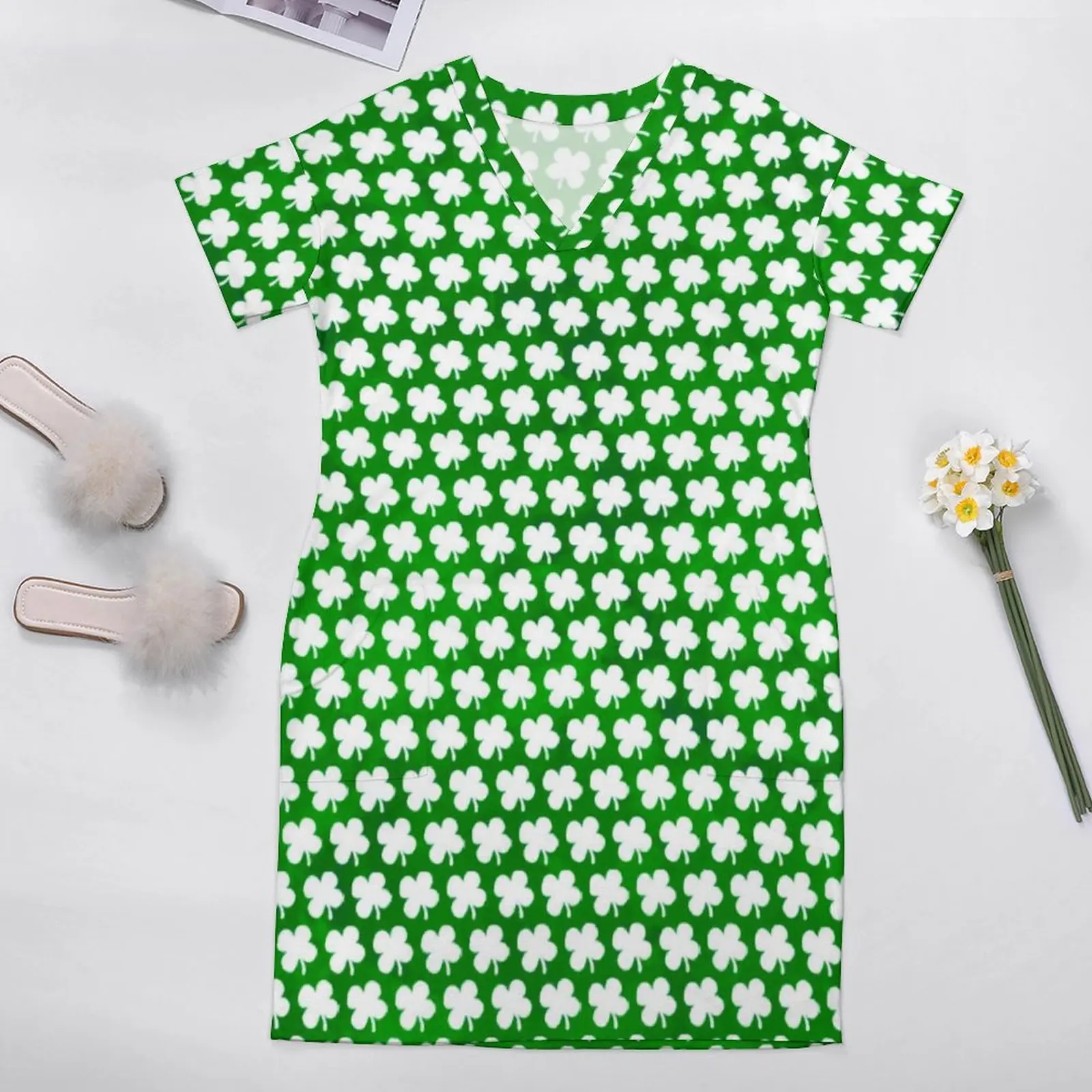 St Patricks Day Dress V Neck Four Leaf Lucky Shamrock Retro Dresses Street Style Print Casual Dress With Pockets Big Size 5XL