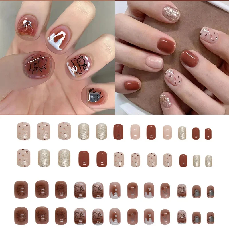 Press on Nails Set 24 Pcs Solid Light Color Wearable Press on Fake Nails Tips with Glue Design Butterfly Lovely Girl False Nails