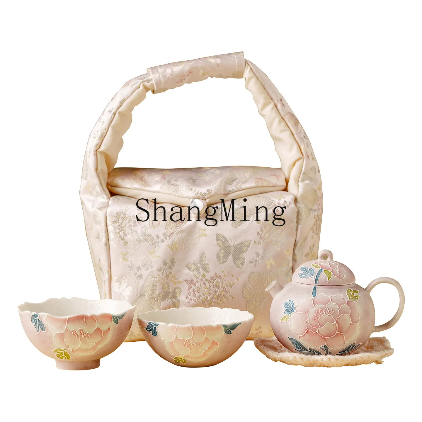

PYH heap painted peony butterfly love flower kung fu tea set convenient set ceramic one pot two cups high-end