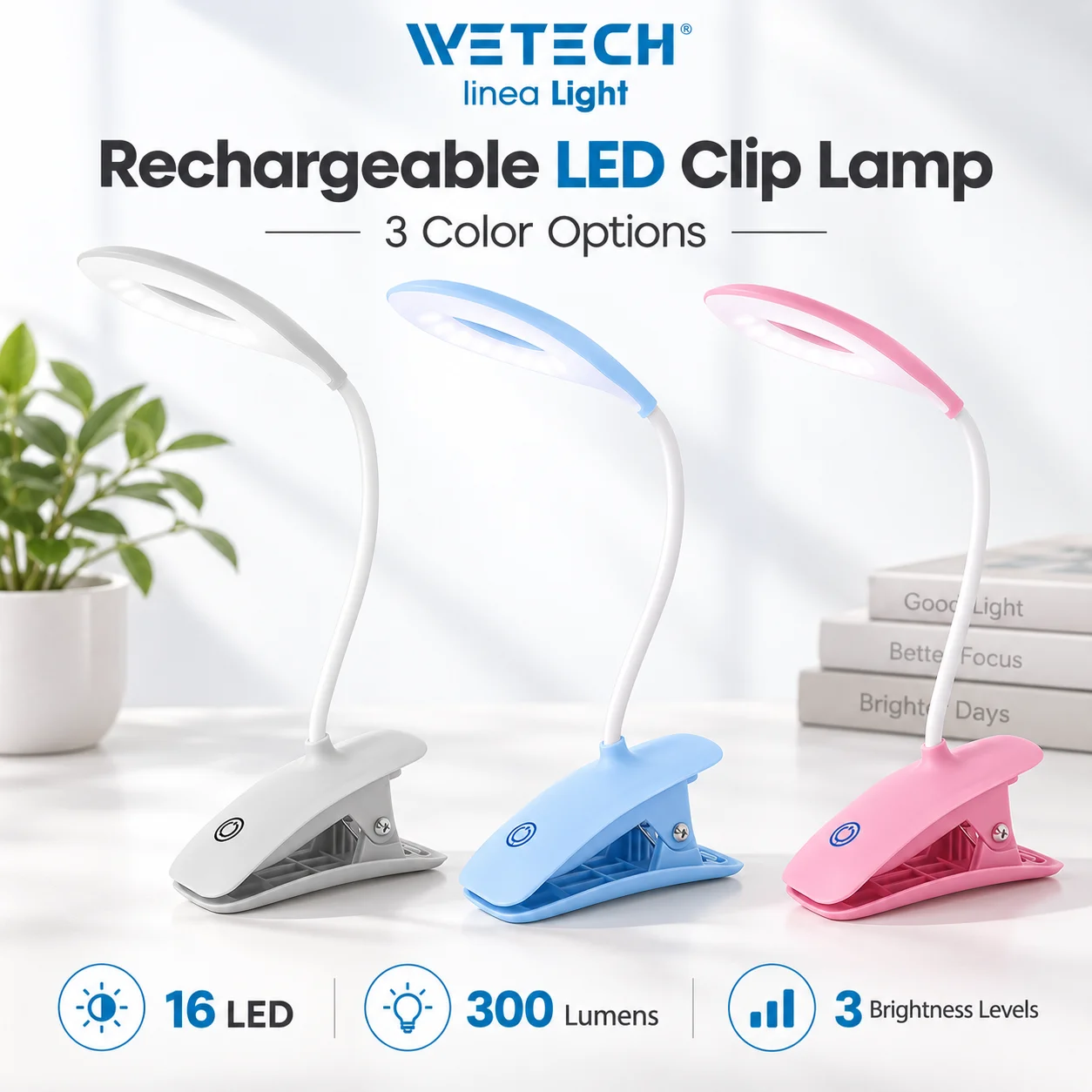 Lampada a clip LED ricaricabile WETECH, 16 LED, 300 lumen, lampada da lettura con clip, 3 livelli di luminosità, braccio flessibile, controllo a sfioramento, disponibile nei colori bianco, blu e rosa,