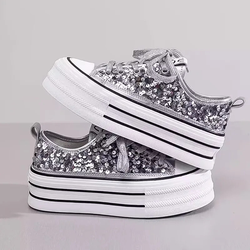 

Woman Platform Sneakers Wedge Shoes 2025 Female Spring Autumn Sequins Bling Casual Shoes Ladies Thick-soled Canvas Shoes