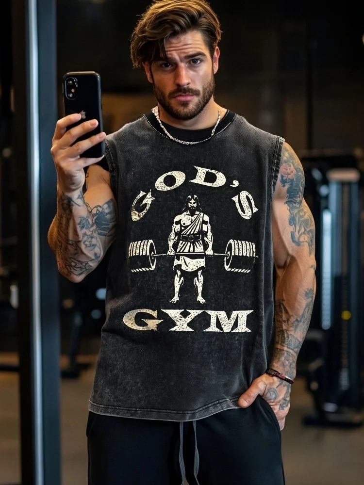 

Men's Washed Tank Top Summer Running Exercise Fitness Training Vest For Men Braces T-shirtBreathable Gym Athletic Tees Oversized