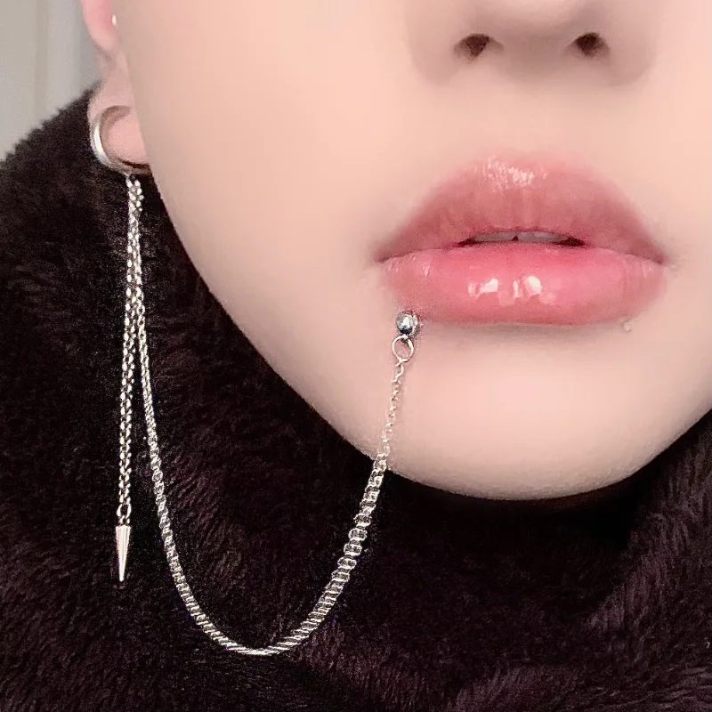 1PC Stainless Steel Lip Piercing with Chain Linked Earring Okazaki Shinichi Anime Styel Labret Earring Hoop 2 In 1 Body Piercing