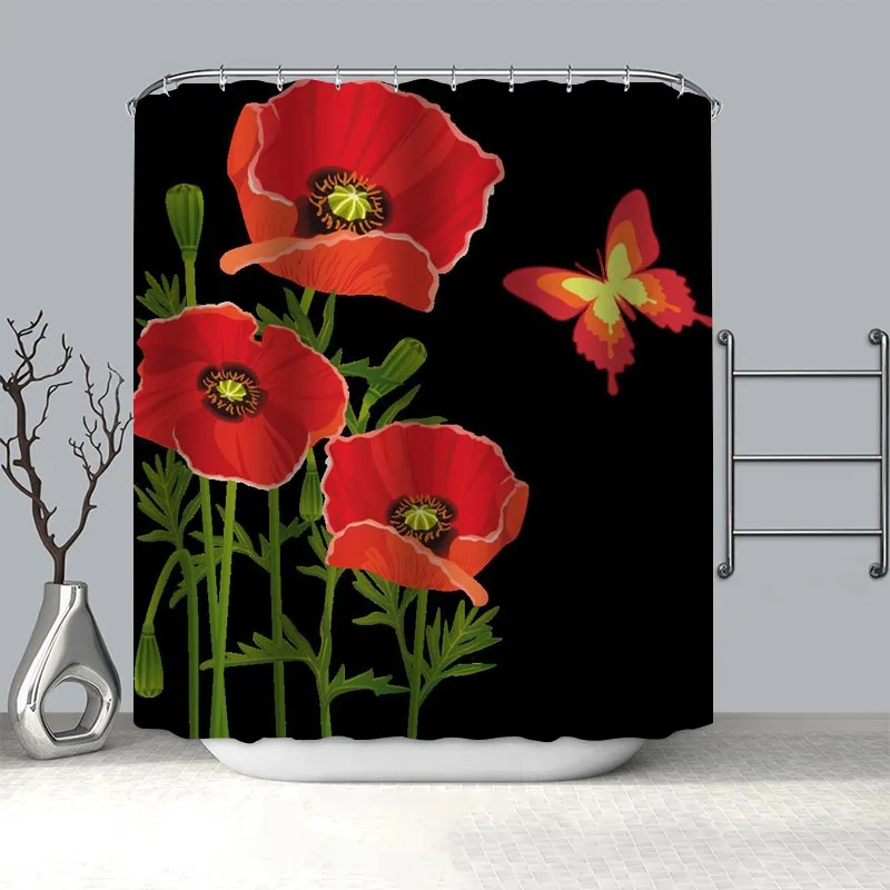 New Product Poppies Flowers Shower Curtain Polyester Fabric Screens Curtains For Bathroom 3D Waterproof Bath Curtain With Hooks