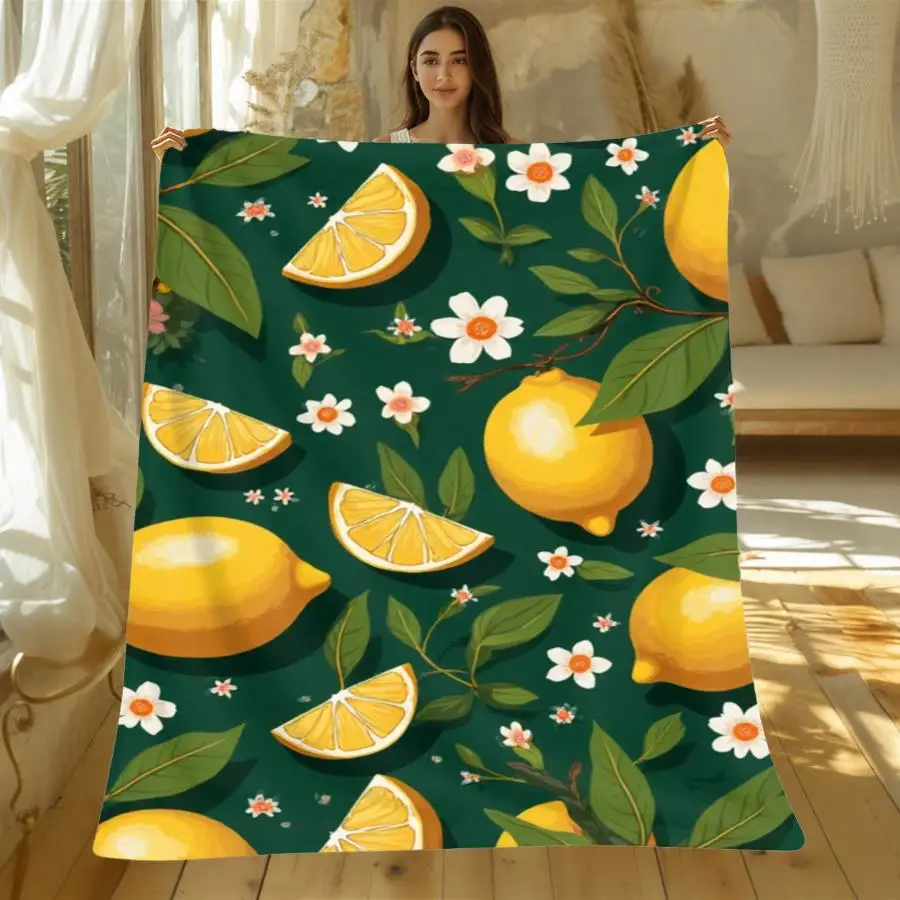 1pc Warm Premium Flannel Blanket with Vibrant Lemon And Blossom Pattern on Emerald Background, Soft All-Season Decorative Throw Gift Perfect for Home Decoration And Holiday Gift Choice