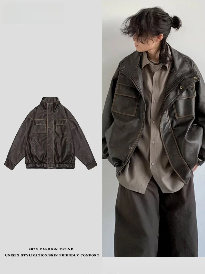 

Ретро-куртка из искусственной кожи свободного кроя в стиле байкерской, весна-осень, японский стиль, для пар, LPLN Meila, из искусственной кожи