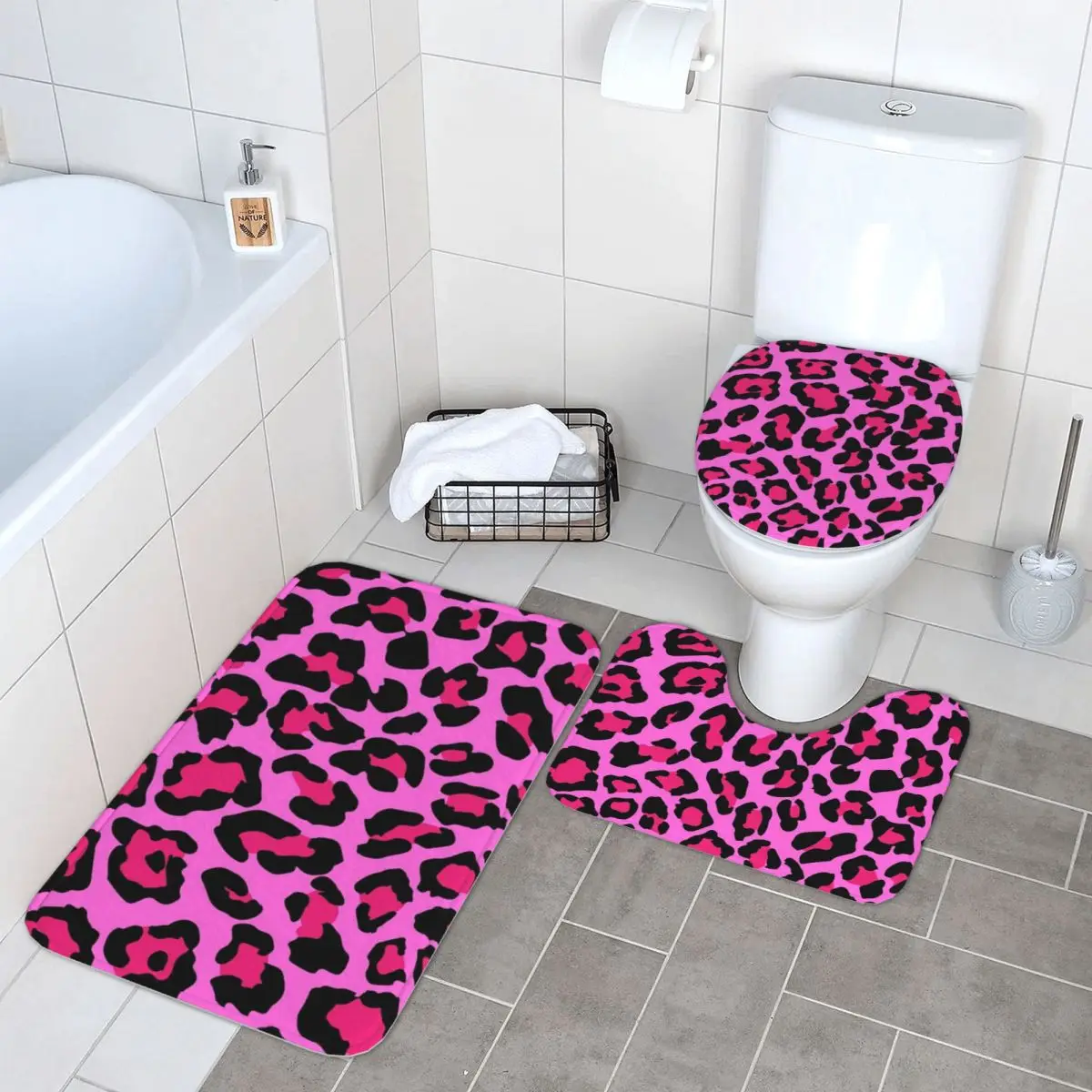 

Hot Pink Leopard Print 3 Piece Bath Mat Bathroom Set Toilet Lid Cover Home Decor Non-Slip Carpet Floor Rug
