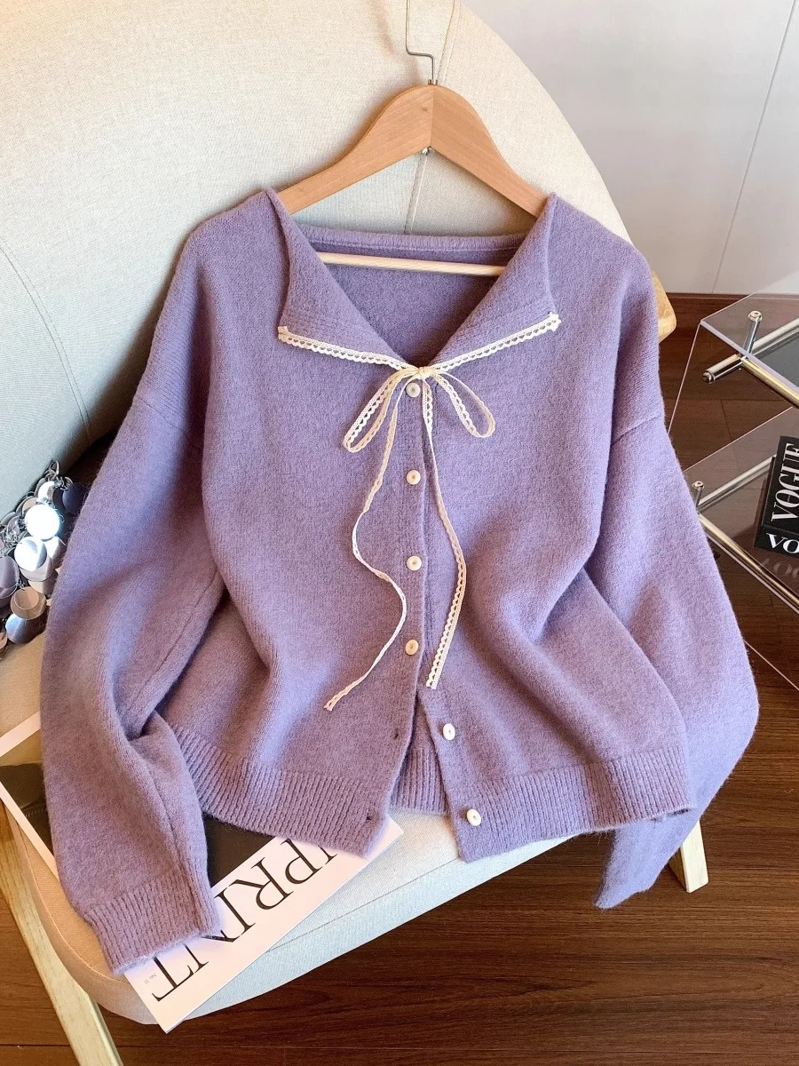 

Кружевной открытый кардиган с милым узлом и поясом, вязаный свитер, женский осенний новый мягкий топ Thi Long Sve, свободный крой, сле