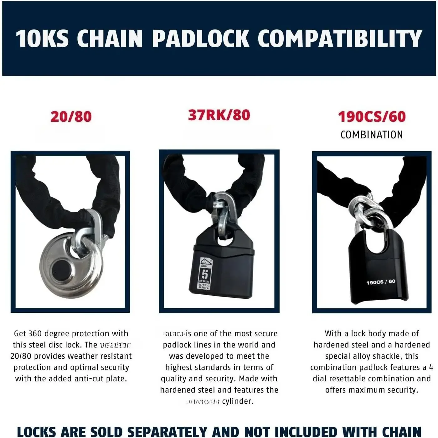 Corrente de segurança quadrada de aço endurecido W 10KS 10 pés x 3/8" de espessura para bicicletas, recipientes, reboques, ATV, motocicletas