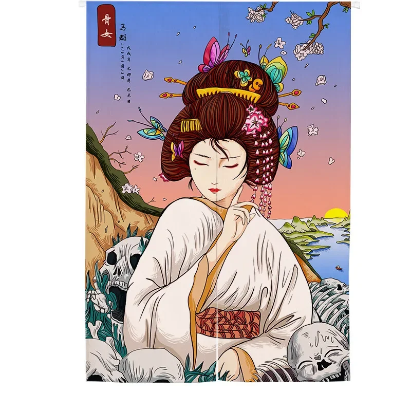 Japanischer Ukiyo-e Türvorhang, Geisha-Schönheit, Totenkopf, Blumenmuster, Trennvorhänge, dekorativ für Schlafzimmer, Küche, Hauseingang, Noren