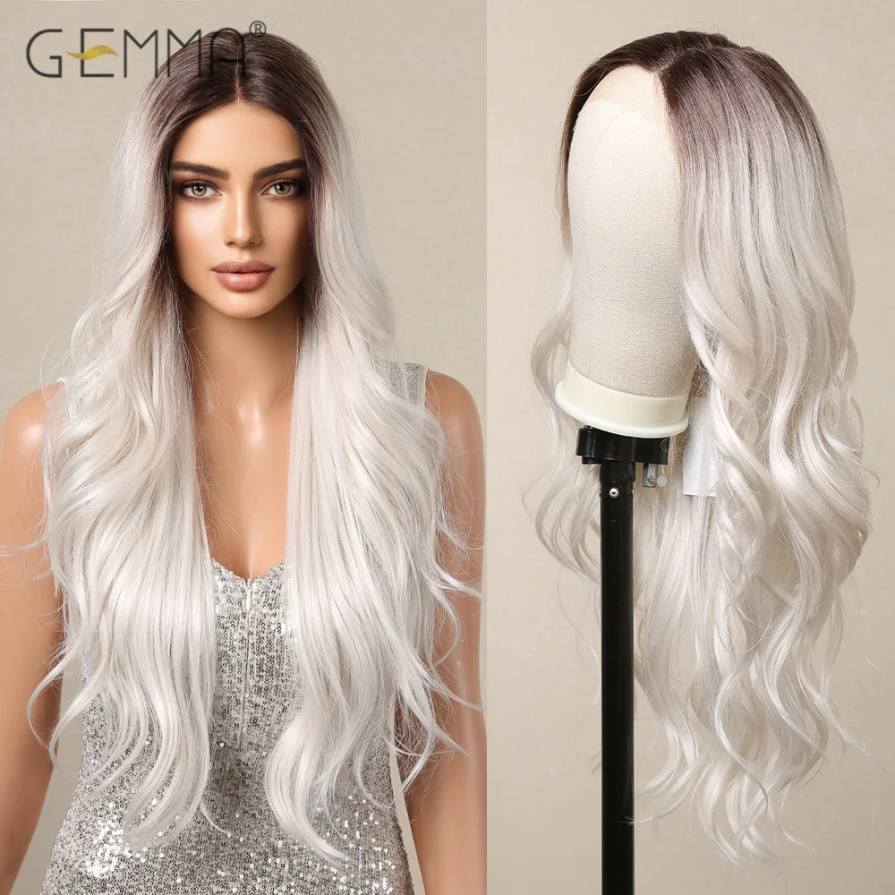 

Synthetic Cosplay Wig Platinum Blonde Long Natural Wavy Lace Front Wigs for Women Dark Roots Party Daily Heat Resistant Hair