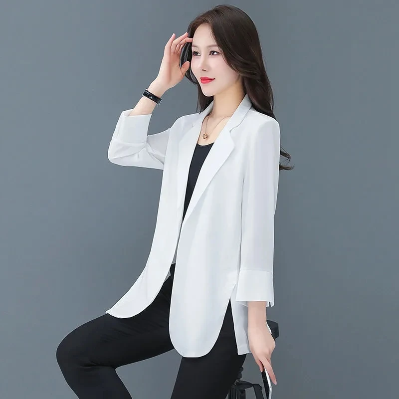 Blazer fino para mujer, versión coreana de gasa larga suelta, camisa de protección solar de verano, Chaqueta de traje femenina de manga de siete puntos