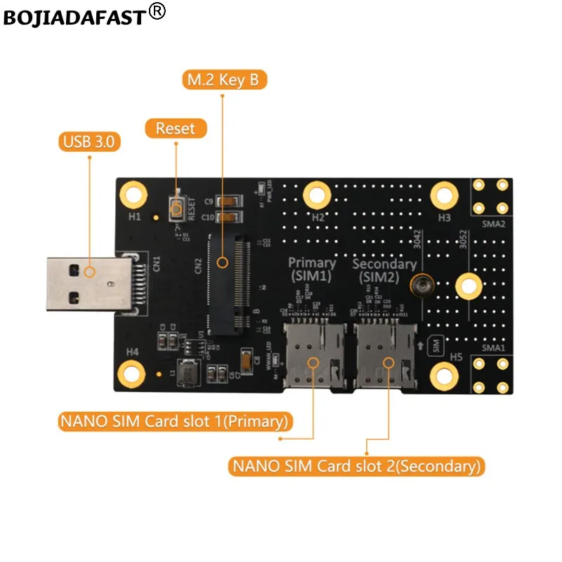 USB 3.0 Type-A Connector To M.2 B-Key Wireless Adapter Dual Nano SIM Card Slot For 5G 4G LTE Module Modem