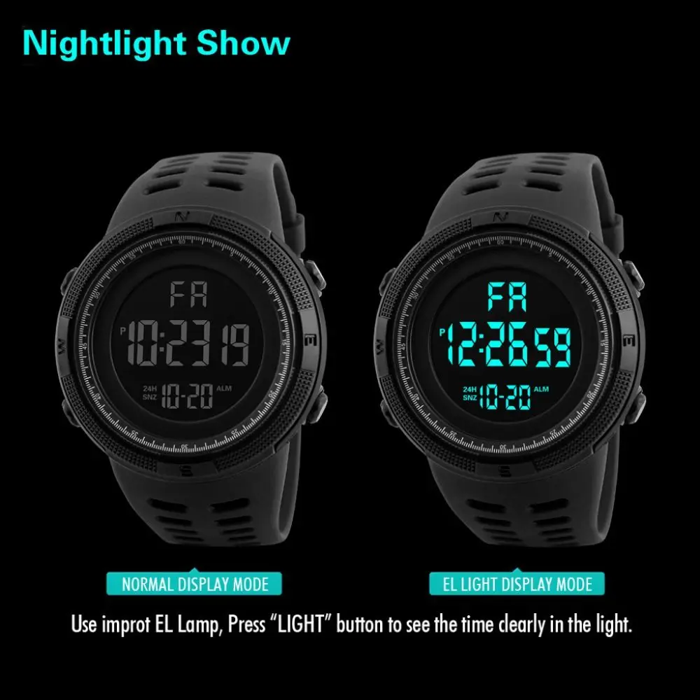 Men's Outdoor Sports Watch LED Screen Large Digital Face Waterproof Wristwatch Multi-Functional Electronic Watch