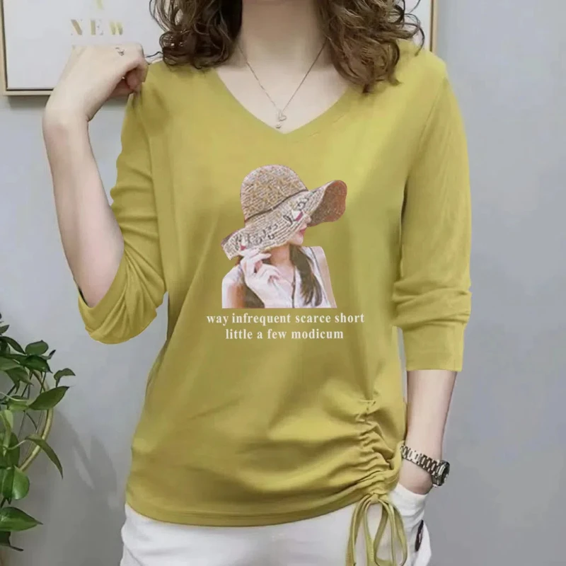 Spring and Autumn Women\'s Clothing Pullover Letter Long Sleeve Printing Bandage Shirring Fashion Undershirt T-shirt Casual Tops