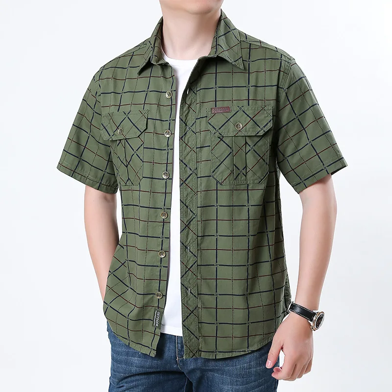 Summer Business Casual Checkered Shirt Short Sleeved Cotton Loose Military Style for Middle-Aged And Young Men Thin Version