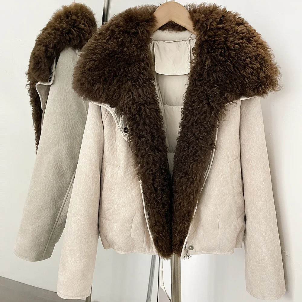 OFTBUY Winter Dicker Kurzer Puffermantel Modische Reißverschluss-Daunenjacke mit Echtem Fell Damen Echter Lammfellkragen Entendaunen-Bekleidung – Detail 13