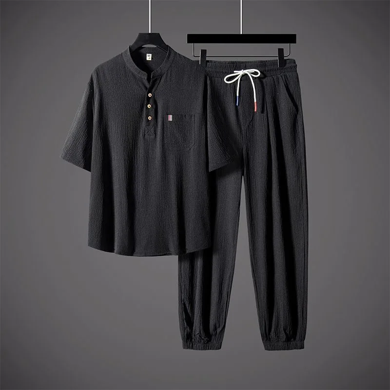 New Summer Fashion Trendy Cotton Linen Breathable Short Sleeve T-Shirt Set Men's Casual Loose Sports Plus Size Two-Piece Set