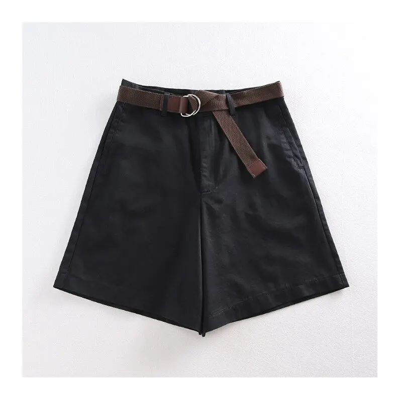 Casual shorts soltos para mulheres, moda coreana, encaixe, cintos, calças