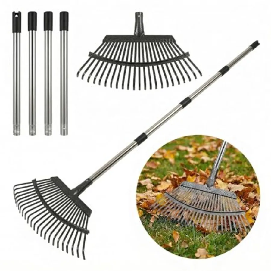 

Heavy Duty Metal Bow Leaf Rake for Yard and Garden - 20" Wide Head with 25 Steel Teeth, 40-68" Adjustable Stainl Steel Handle,