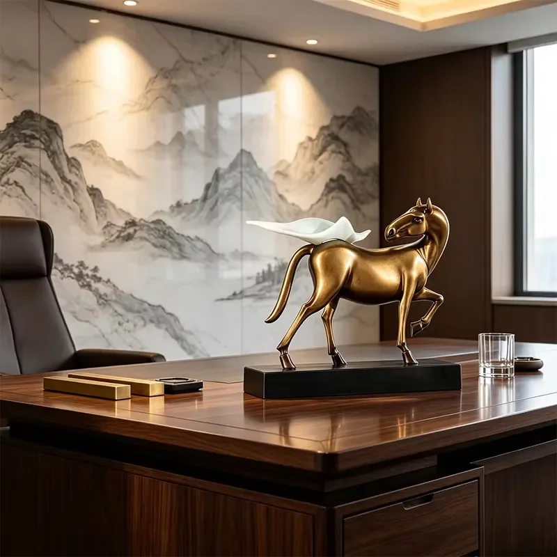 Antique Bronze Fiberglass Pegasus Statue Chinese Style Desktop Feng Shui Ornament Home Office Decor Gift for Men Women Art