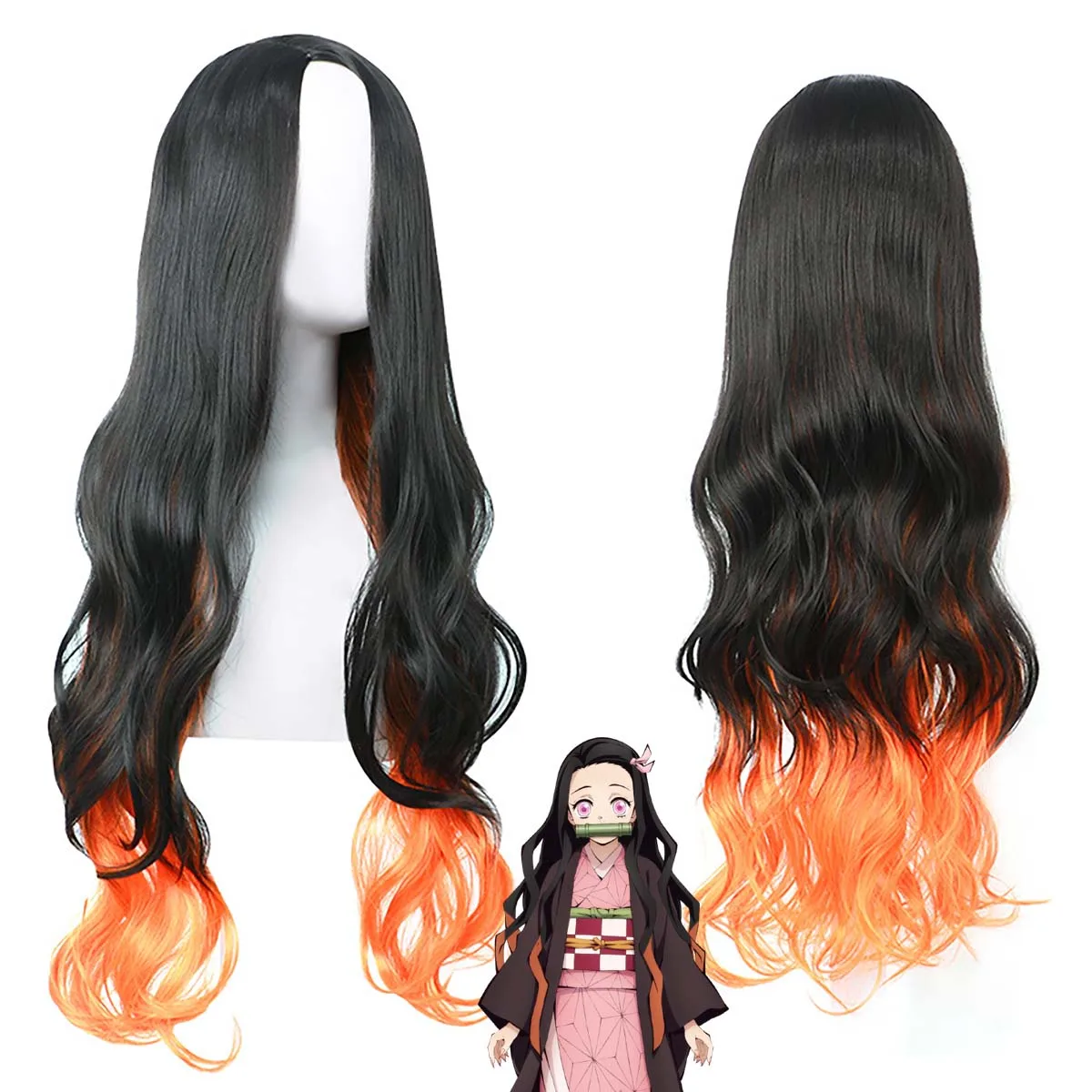 النساء الفتيات أنيمي شيطان القاتل تأثيري Nezuko طويل مجعد البرتقالي والأسود الباروكات